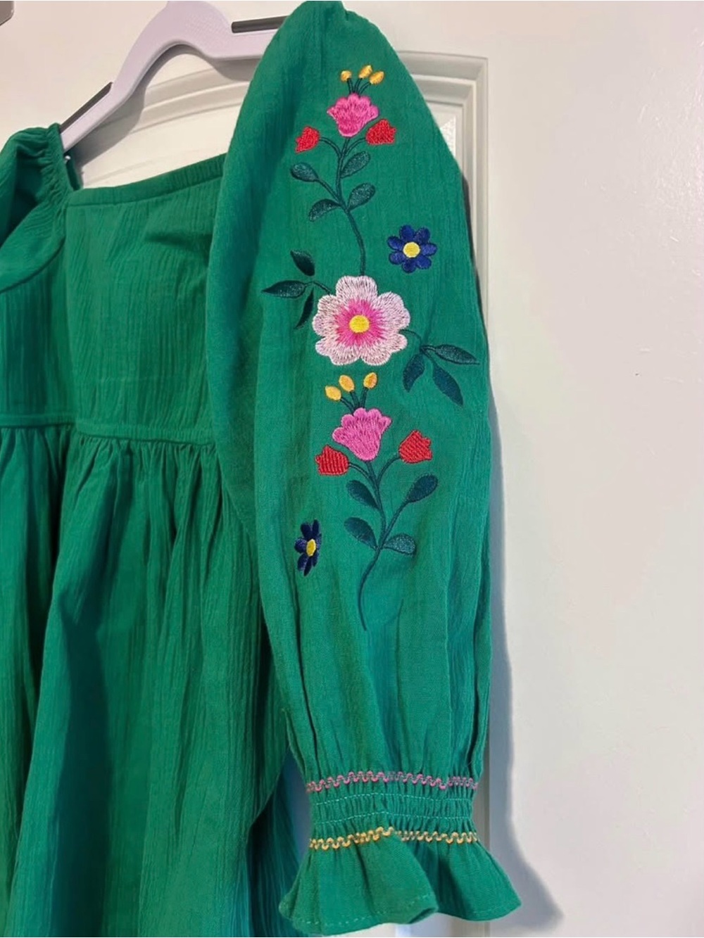 Good Lad Green Embroidered Puff Sleeve Dress with Colorful Floral Accents